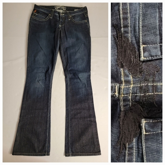 Robin's Jeans 27 Gurbot Bootcut Low Rise Dark Black Wings Embroidered 90's Y2K - Picture 1 of 12